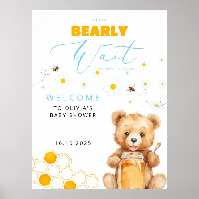 Póster Bear y Chica de miel, Bienvenida a Boy Baby Shower (Frente)