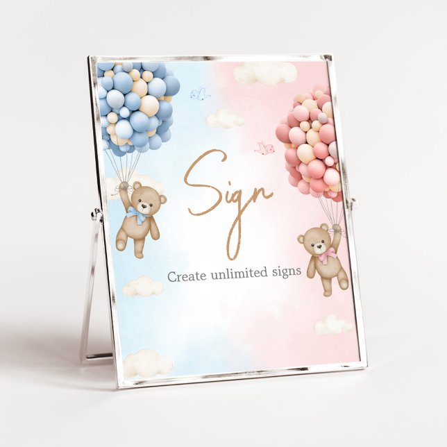 Póster Bearly Wait Bear Balloon Gender Reveal Sign (Bear Balloon He or She Gender Reveal Custom Sign)