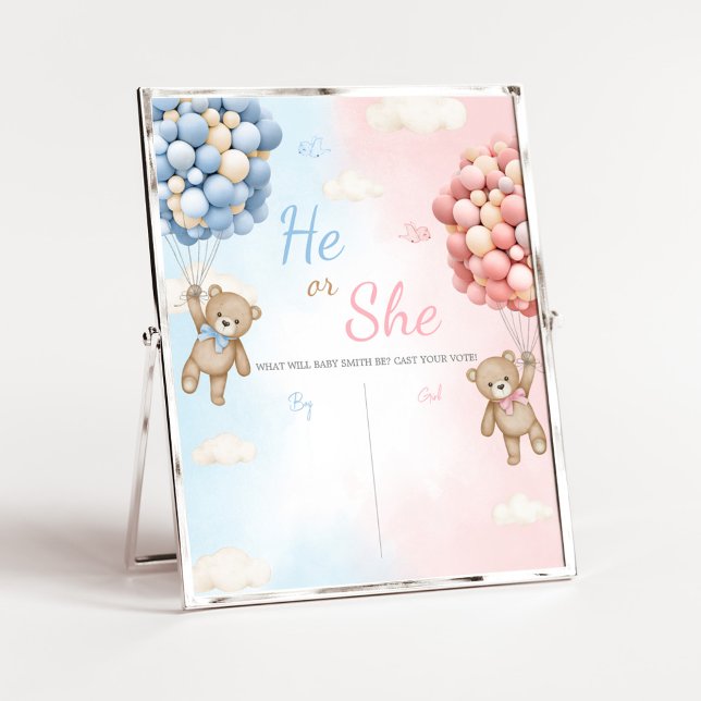Póster Bearly Wait Bear Balloon Gender Reveal Sign (Bear Balloon He or She Gender Reveal Voting Sign)
