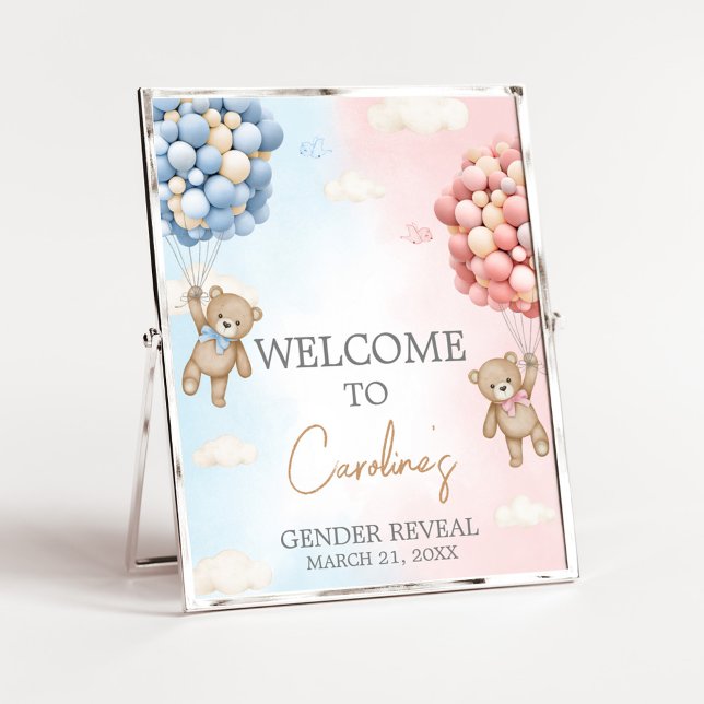 Póster Bearly Wait BearBalloon Gender Reveal Welcome Sign (Bear Balloon He or She Gender Reveal Welcome Sign)