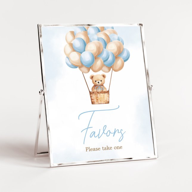 Póster Bearly Wait Blue Hot Air Balloon Baby Favorita (Boy Baby Bear Balloons Baby Shower Favors Sign)