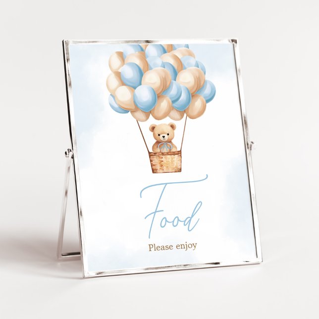 Póster Bearly Wait Blue Hot Air Balloon Baby Shower Food (Boy Baby Bear Balloons Baby Shower Food Sign)