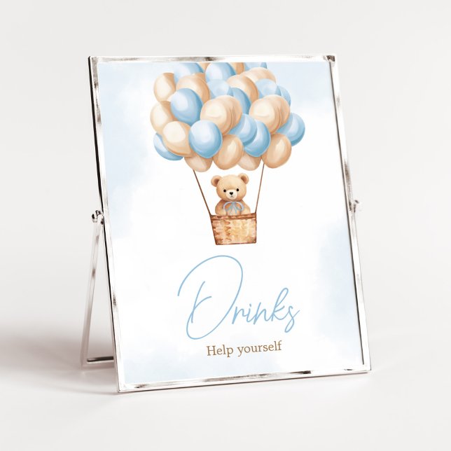 Póster Bearly Wait Blue Hot Air Balloon Bebes (Boy Baby Bear Balloons Baby Shower Drinks Sign)
