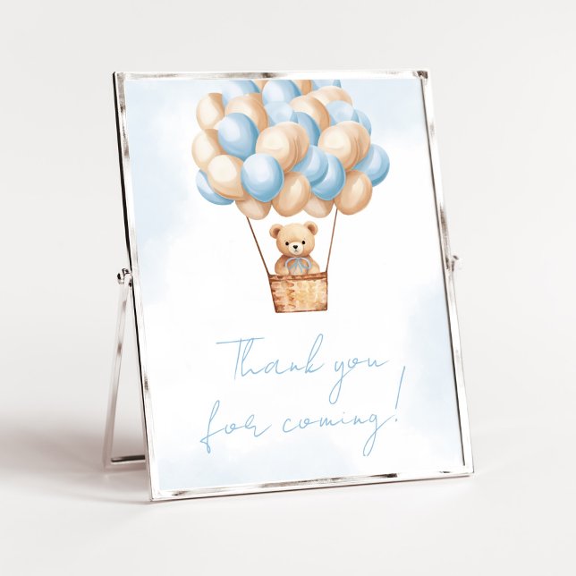 Póster Bearly Wait Blue Hot Air Gracias por venir (Boy Baby Bear Balloons Baby Shower Thank you for Coming Sign)