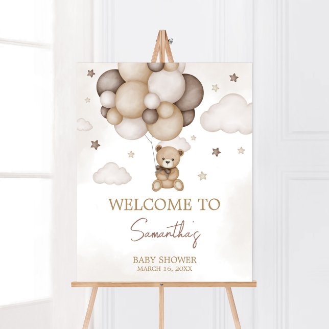 Póster Bearly Wait Brown Balloon Welcome (Boho Brown Bear Baby Shower Welcome Sign)