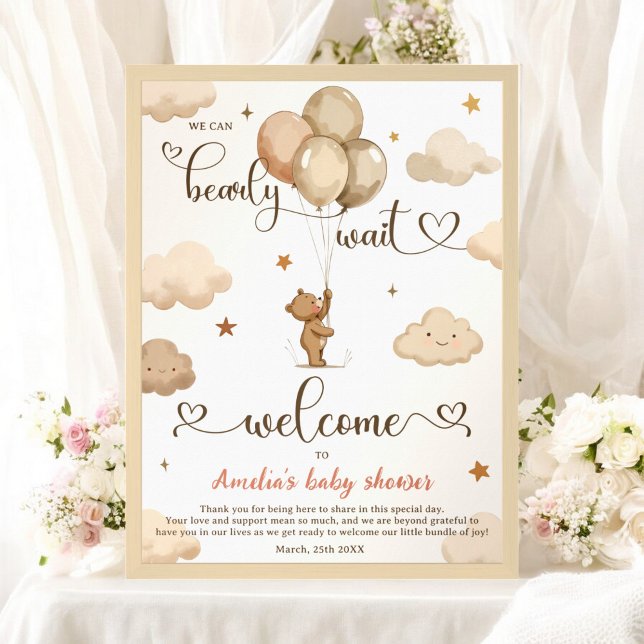 Póster Bearly Wait Neutral Teddy Bear Balloon Baby Shower (Bearly Wait Neutral Teddy Bear Balloon Baby Shower Poster)
