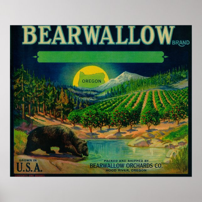 Póster Bearwallow Apple Crate LabelHood River, O (Frente)