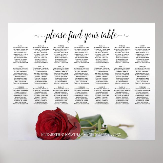 Póster Beautiful 21 Table Red Rose Wedding Seating Chart (Frente)
