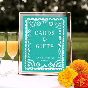 Póster Beautiful Aqua Papel Picado Wedding Reception Sign