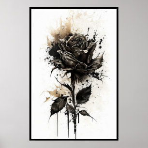 Póster Beautiful Black Rose Watercolor