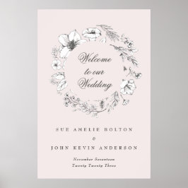 Póster Beautiful Blush Floral Monogram Sketched Welcome