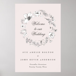 Póster Beautiful Blush Floral Monogram Sketched Welcome