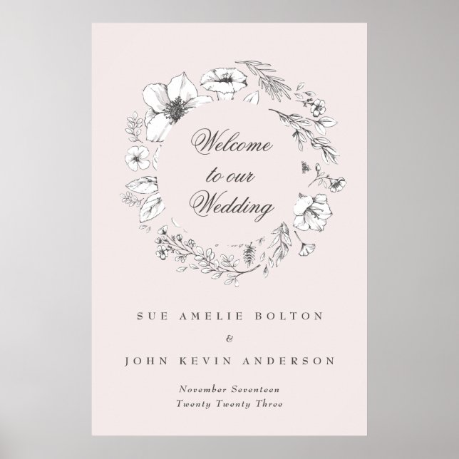 Póster Beautiful Blush Floral Monogram Sketched Welcome (Frente)