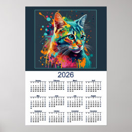 Póster Beautiful Cat Calendar Watercolor Cat