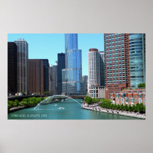 Póster Beautiful Chicago Illinois Downtown River View 