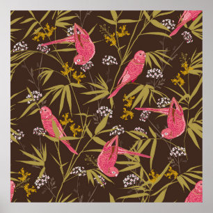 Póster Beautiful Hand drawn parrot birds in Bamboo forest