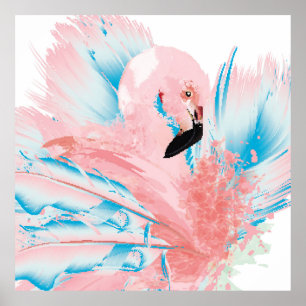 Póster Beautiful illustration with drawn pink flamingo an