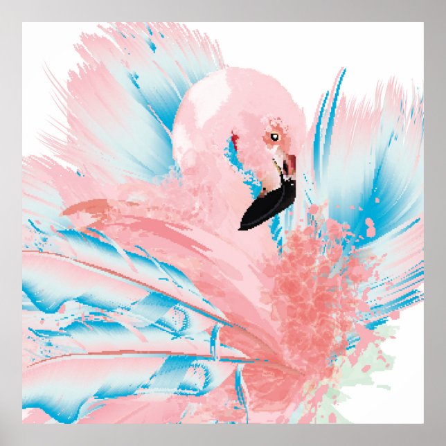 Póster Beautiful illustration with drawn pink flamingo an (Frente)