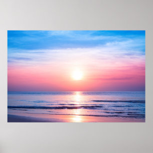 Póster Beautiful morning sunrise, blue sea, pink sky, whi