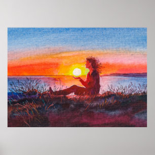 Póster Beautiful ocean sunset. Portrait of young woman as