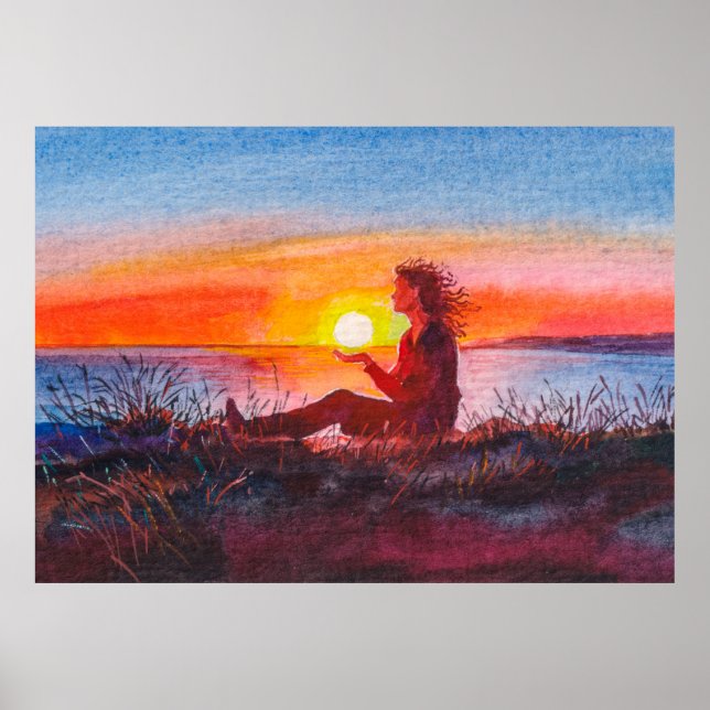 Póster Beautiful ocean sunset. Portrait of young woman as (Frente)