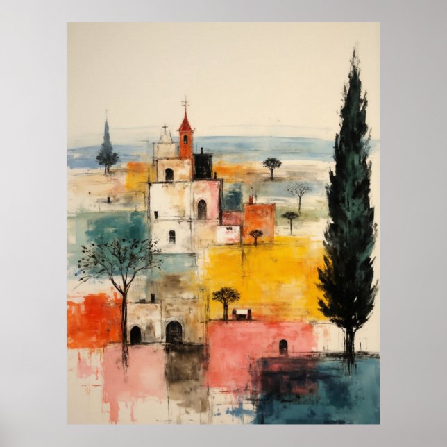 Póster Beautiful Ochre Red  old small town painting (Frente)