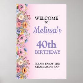 Póster Beautiful Pastel Flowers Birthday Party