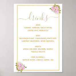 Póster Beautiful Pink Roses Drinks Menú