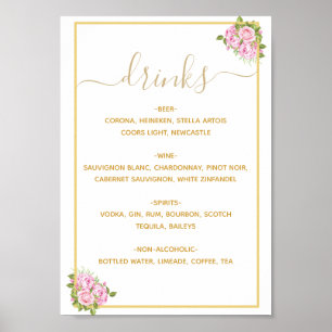 Póster Beautiful Pink Roses Drinks Menú