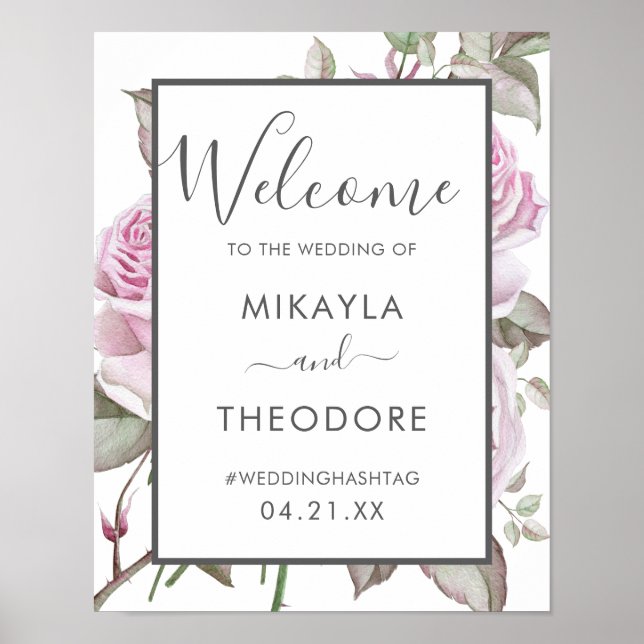 Póster Beautiful Purple Roses Wedding Welcome Sign (Frente)