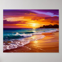 Beautiful Sunset Ocean Beach Walk Seascape Art
