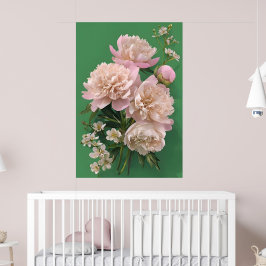 Póster Beautiful White & Pink Peonies On Green Background