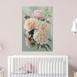 Póster Beautiful White & Pink Peonies On Green Background