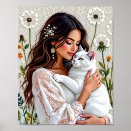 Póster Beautiful Woman, Cat and Dandelions