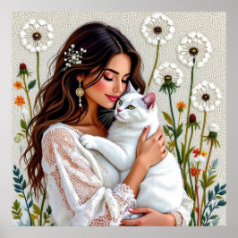 Póster Beautiful Woman, Cat and Dandelions