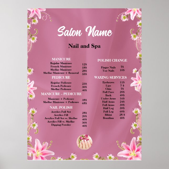 Póster Beauty Nail Salon Price List (Frente)