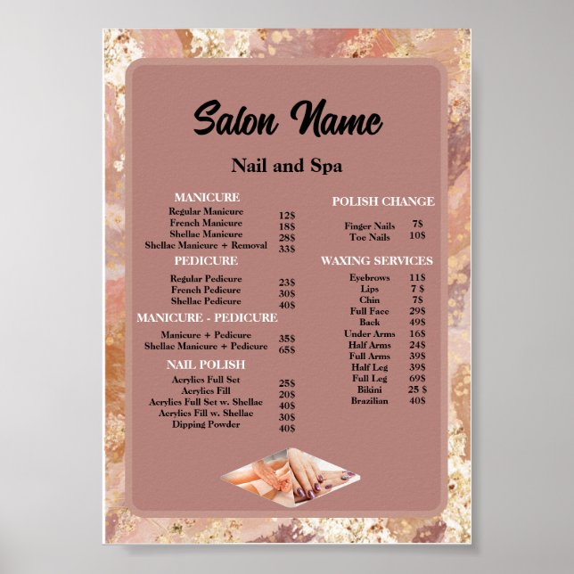 Póster Beauty Nail Salon Price List Marble (Frente)