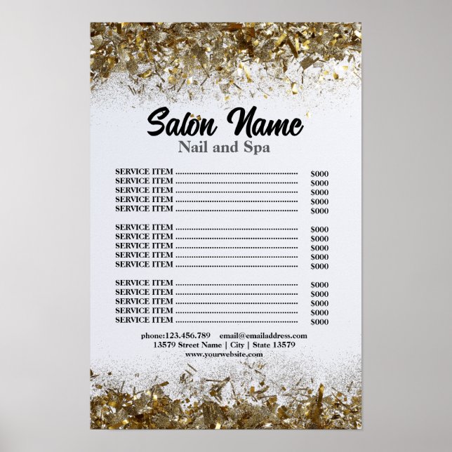 Póster Beauty Nail Salon Price List menú Gold confetti (Frente)