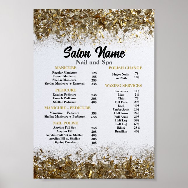 Póster Beauty Nail Salon Price List menú Gold confetti (Frente)