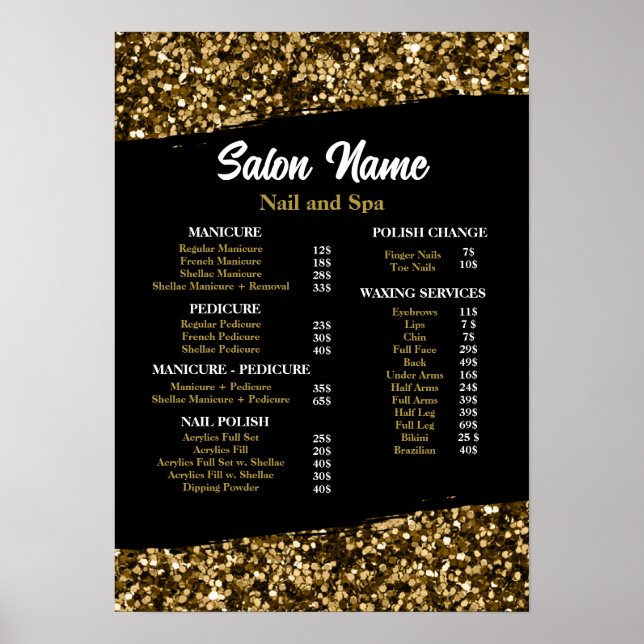 Póster Beauty Nail Salon Price List menú Gold confetti (Frente)