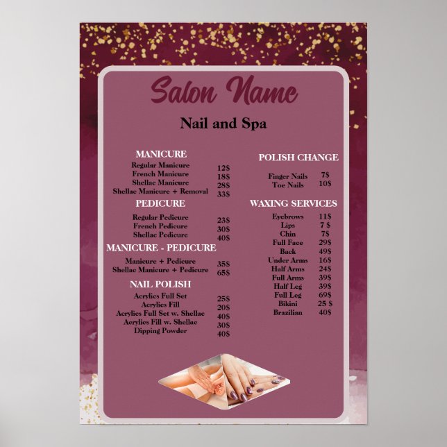 Póster Beauty Nail Salon Price List menú púrpura rojo (Frente)