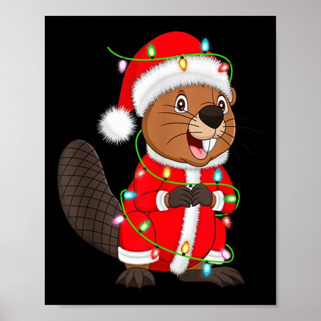Póster Beaver Christmas Lights Santa Costume Cute Animal  (Frente)