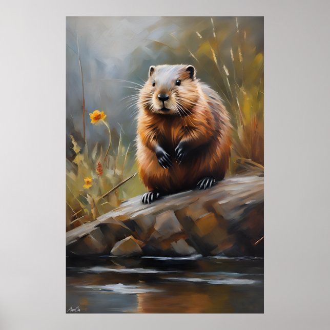 Póster | Beaver | Estilo de pintura de aceite (Frente)