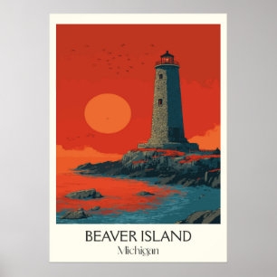 Póster Beaver Island Michigan Vintage Lighthouse Art