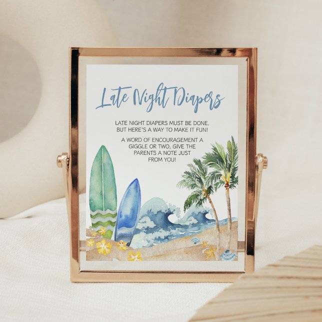 Póster Bebé a bordo de los pañales nocturnos Baby Shower  (Surfing Summer Boy Baby Shower Late Night Diaper Sign)