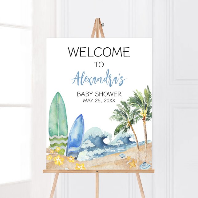 Póster Bebé a bordo del Baby Shower de Beach (Surfing Summer Boy Baby Shower Welcome Sign)