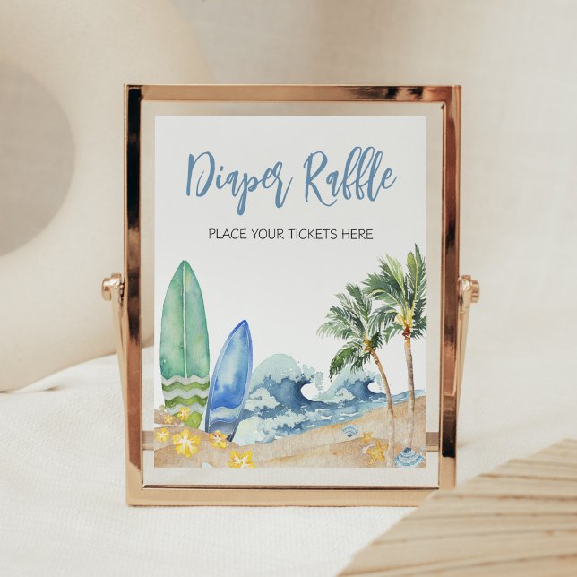 Póster Bebé a bordo del Baby Shower Diaper Raffle (Surfing Summer Boy Baby Shower Diaper Raffle Sign)