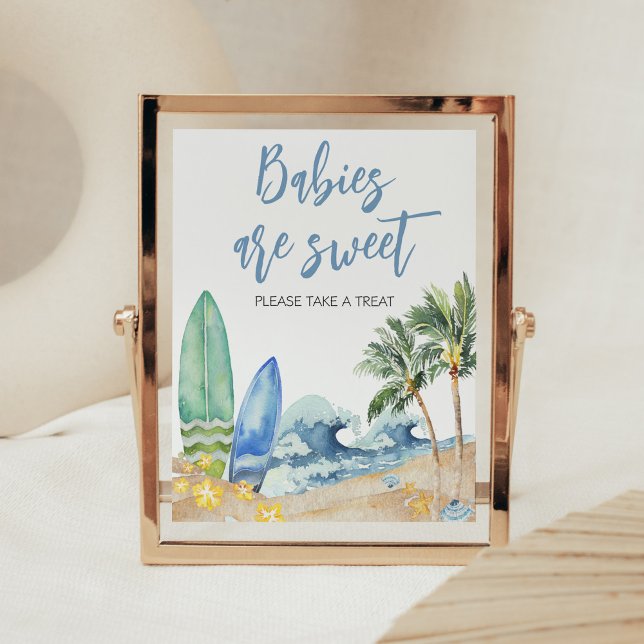 Póster Bebé a bordo Playa Baby Shower Los bebés son dulce (Surfing Summer Boy Baby Shower Babies are Sweet Sign)