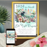Póster Bebé a bordo Tropical Surfing Late Night Diapers<br><div class="desc">El diseño floral exótico con temática de surf tropical "Baby on Board" es una plantilla de una ducha para bebés con un tema neutro de género y un toque tropical. El diseño retrata un conjunto de tablas de surf coloridas con el océano y una ola de salpicaduras en medio de...</div>