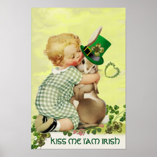 Póster BEBÉ ADORABLE ABRAZANDO CONEJO Día de San Patricio